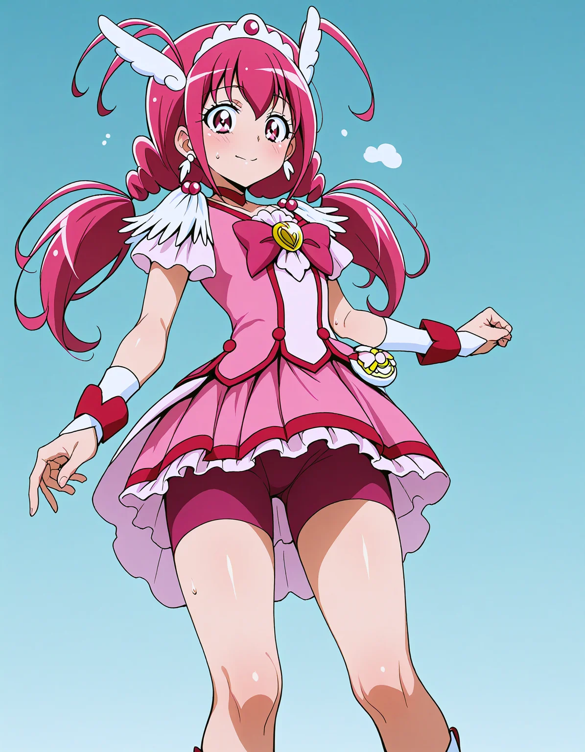 score_9, score_8_up, score_7_up, <lora:Hyper8:1> <lora:fixhands:1> source_anime BREAK 1girl, solo, Walking as if stepping on legos, aqua background,
HM-CH, pink eyes, low twintails, hair between eyes, pink hair, antenna hair, hair ornament, head wings, tiara, pink choker, feather earrings, pink bow, pink shorts, pink skirt, bike shorts, shorts under skirt, pink wrist cuffs, torn clothes, sweat,
<lora:WhatIsThis_slider:-2>
<lora:LECO_LessSimpleBackgroundXL:1>
<lora:ponyxl-char_smile_precure_transformed:0.9>