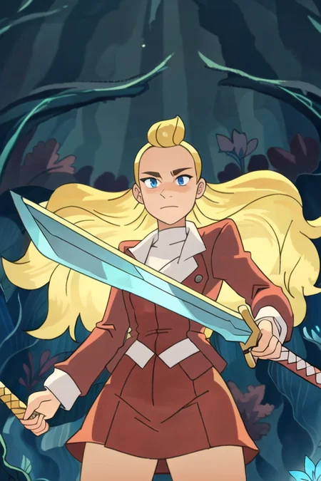 close up of a woman with blonde hair holding the sword of protection, pony tail, blue eyes, wearing a red jacket, warm lighting, forest in the background