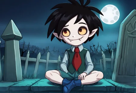 1boy, solo, 1boy, solo focus, Oskar, pale skin, Black Hair, Pointed Ears, Fangs, red necktie, vest, shorts, small smile, sitting a in graveyard, full moon, light fog