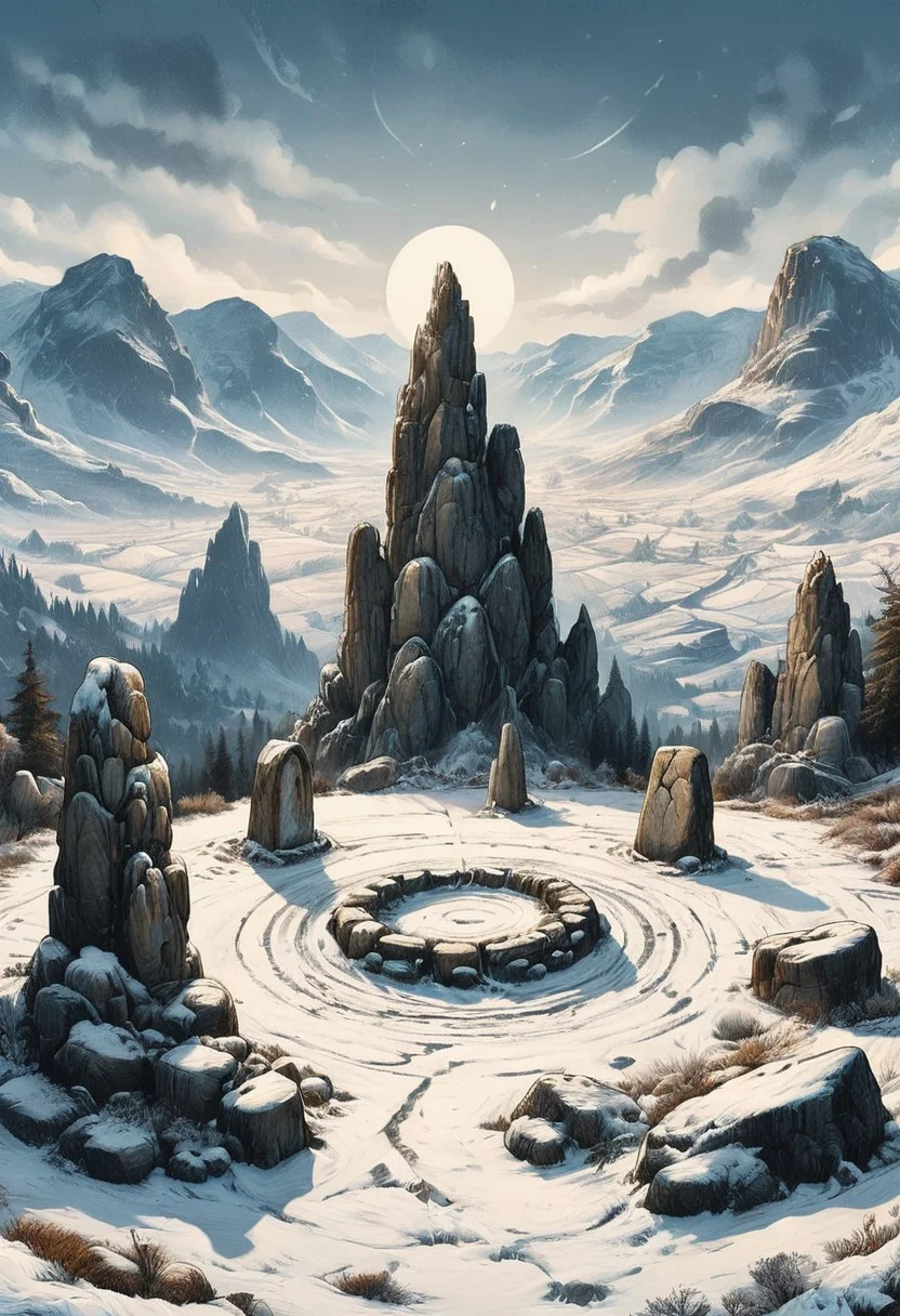 ink art, line art depicting a snow-covered, ancient stone circle set amidst a mountainous landscape. Viewed from above a series of weathered stone pillars, of differing size, arranged in concentric circles. The stones are dark grey and rugged, contrasting with the pristine white snow that blankets the ground and the surrounding peaks. The mountains in the background are majestic, with sharp, jagged edges and covered in snow, under a clear blue sky. Sparse evergreen trees are visible at the base of the stone circle. The overall atmosphere is serene and mystical, evoking a sense of timelessness and mystery. Sharp focus