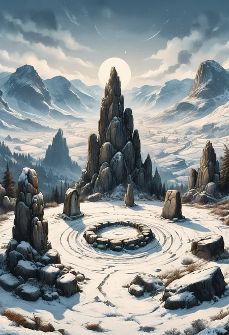 ink art, line art depicting a snow-covered, ancient stone circle set amidst a mountainous landscape. Viewed from above a series of weathered stone pillars, of differing size, arranged in concentric circles. The stones are dark grey and rugged, contrasting with the pristine white snow that blankets the ground and the surrounding peaks. The mountains in the background are majestic, with sharp, jagged edges and covered in snow, under a clear blue sky. Sparse evergreen trees are visible at the base of the stone circle. The overall atmosphere is serene and mystical, evoking a sense of timelessness and mystery. Sharp focus