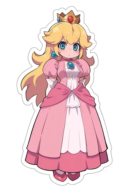 masterpiece, best quality, general, sensitive,
1girl, full body, looking at viewer,
princess peach, long hair, blonde hair, bangs,
simple background, white background,
<lora:Sticker_Ilu:1> (sticker:1.2),
<lora:zankuro:0.6> z4nk0r0,