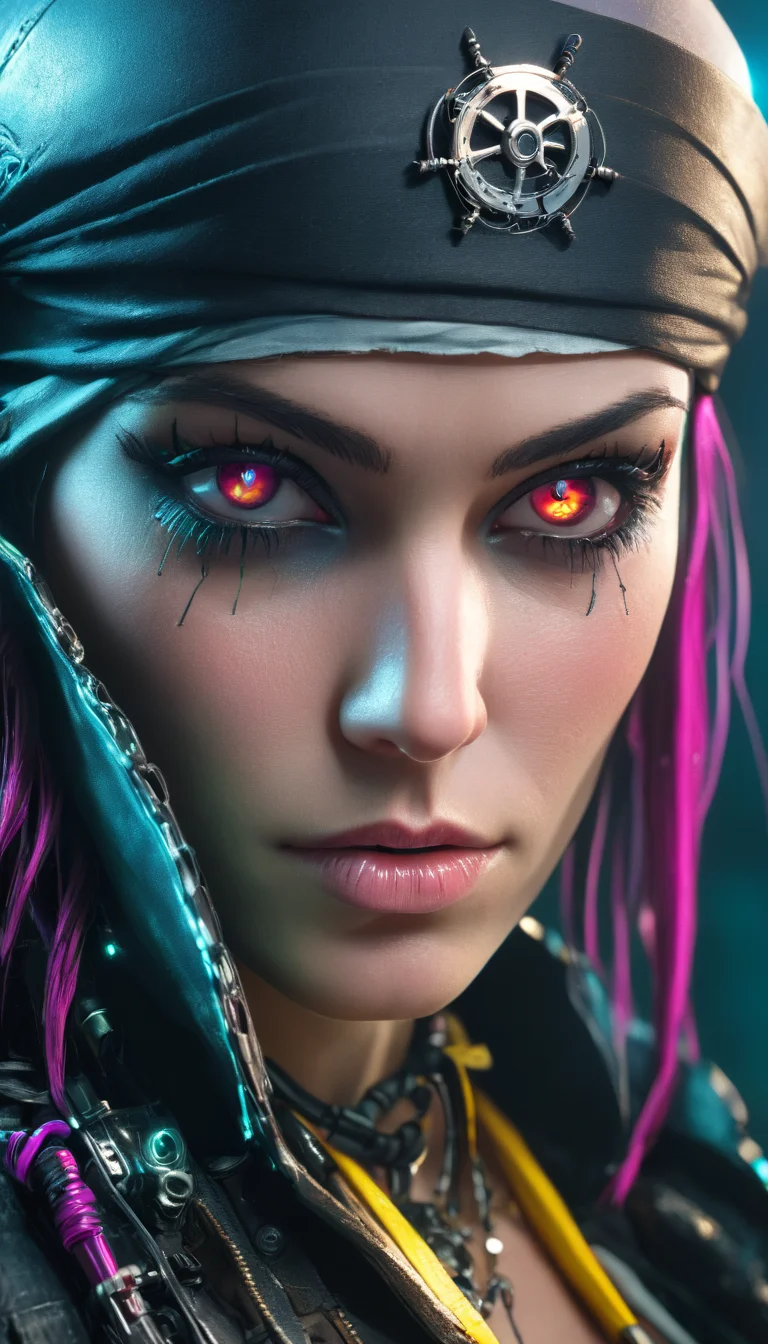 Cinematic scene, extreme close up, portrait of a female cyberpunk pirate, detailed background, masterpiece, best quality, high quality, absurdres, colorful, vivid, 3d <lora:3d_xl_v3:1.5>