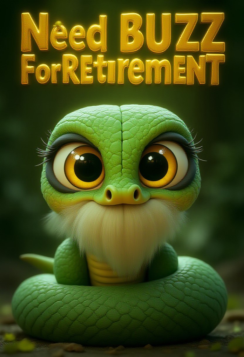 a high quality movie poster with bold lettering and a large snake focused and in frame, in big bold gold letters across the top "Need BUZZ for Retirement" as an old snake with a long white beard and glasses looks tired  <lora:flux-cute-snake:1> cute snake, faded green scales, bright shiny yellow eyes, (anime, masterpiece, intricate:1.3), (best quality, hires textures, high detail:1.2), (4k),(incredibly detailed:1.4),UHD, 8K, ultra detailed