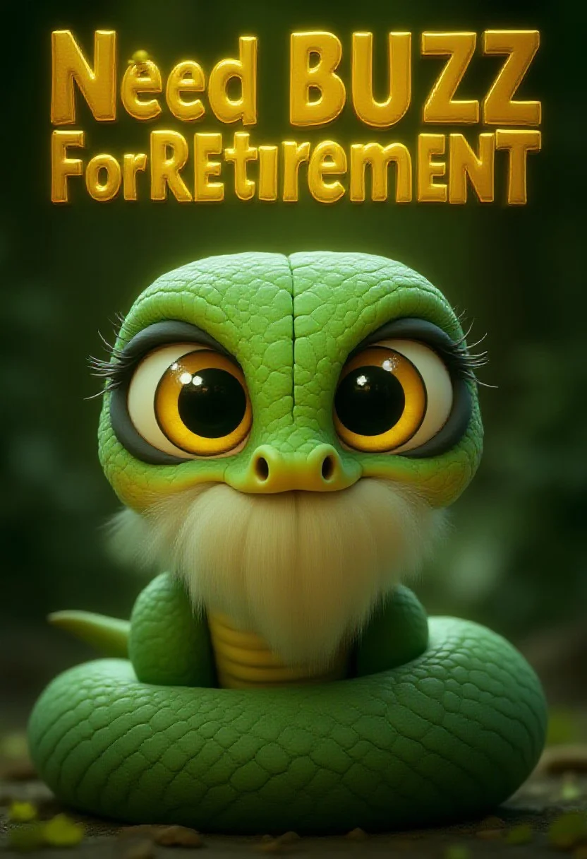 a high quality movie poster with bold lettering and a large snake focused and in frame, in big bold gold letters across the top "Need BUZZ for Retirement" as an old snake with a long white beard and glasses looks tired <lora:flux-cute-snake:1> cute snake, faded green scales, bright shiny yellow eyes, (anime, masterpiece, intricate:1.3), (best quality, hires textures, high detail:1.2), (4k),(incredibly detailed:1.4),UHD, 8K, ultra detailed