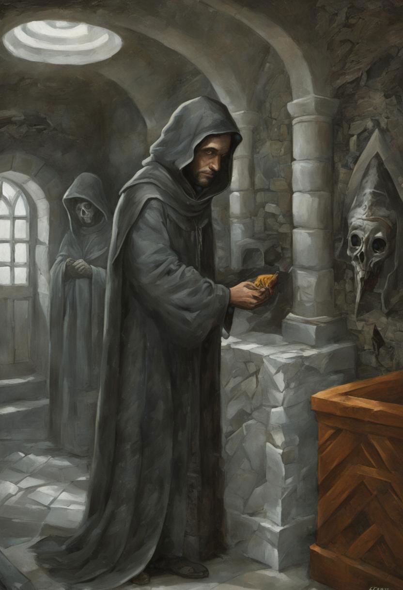 Excellence masterpiece a oil painting of a {man in a hood and gray cloak, sits in a quiet corner of the crematorium and finishes the last process, but hands coming out of the wall try to get in the way, low angle shot}, by (Chris Mars:1.36), 4k textures, ultra detailed, (absurdres), trending in artstation