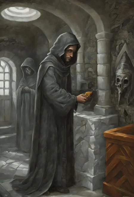 Excellence masterpiece a oil painting of a {man in a hood and gray cloak, sits in a quiet corner of the crematorium and finishes the last process, but hands coming out of the wall try to get in the way, low angle shot}, by (Chris Mars:1.36), 4k textures, ultra detailed, (absurdres), trending in artstation