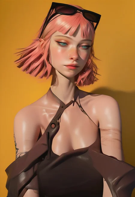 1girl, pretty face, short pink hair, shades of cyan, pixie haricut, freckles, fringe bangs, 
farmer overalls, one strap down, big breasts, seductive, 
FOV medium shot, 
simple pastel lilac and yellow background,
score_9,score_8_up