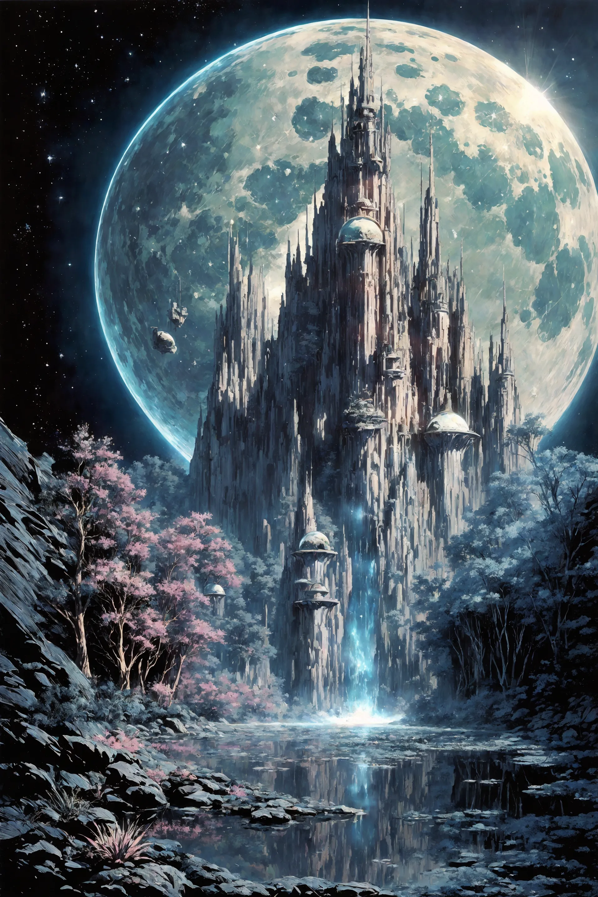 space planet, sun, moon, stars, (big rocks:0.9), (ripples, reflections:0.9), spatial futuristic castle, (small river pond:0.8), space forest, (space village:1.2), (stunning nature aquatic environment:0.8), spaceship, (unknown exotic land:0.9),) (nice alien civilization),  (beautiful space fantasy scifi futuristic landscape:0.9, (very detailed:1.2), (best quality:1.2), sharp focus, high contrast, cinematic lights, backlight, shadows, (lens flare:0.4), (vibrant colors, colorful):0.7, (Nickel Gray flowers:0.9) and leaves, <lora:Detail Tweaker LoRA add_detail:0.8><lora:depth_of_field_slider_v1:5>  <lora:SDXLrender_v2.0:0.9> <lora:1970RetroFuturism:0.3> 1970retrofuturism