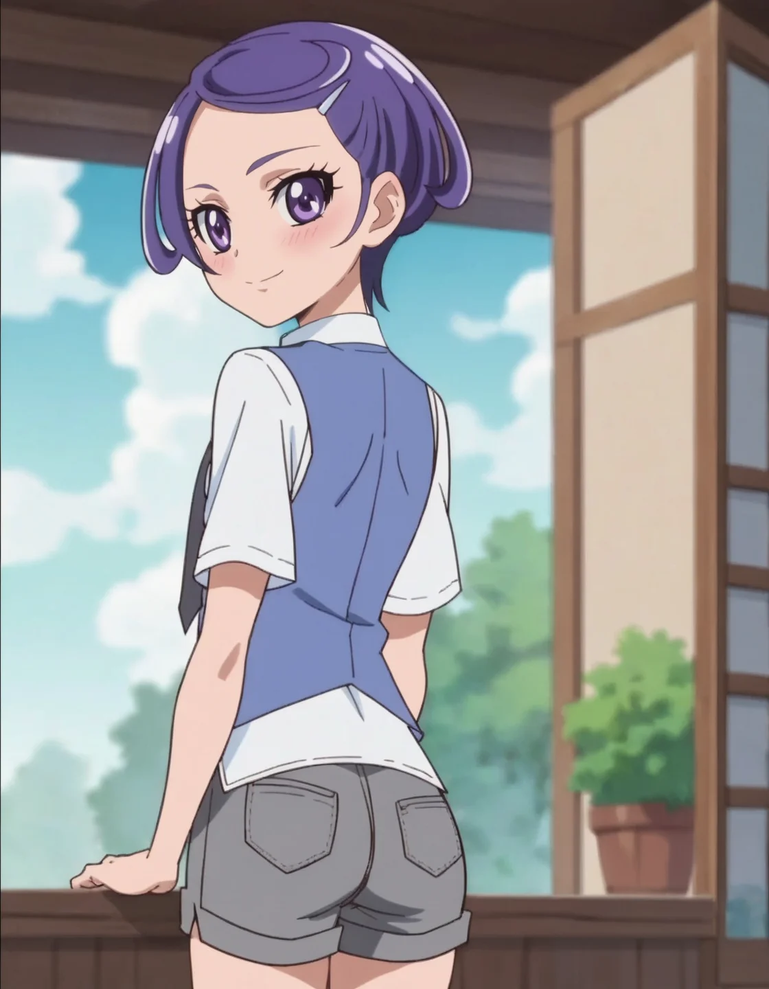 score_9, score_8_up, score_7_up, anime screencap, solo,1girl,kenzakimakoto,long vest, necktie, smile, hair ornament,gray shorts, looking at viewer,  hairclip, looking at viewer,cowboy shot ,small breasts,blush,from behind,ass<lora:kenzakimakoto:0.8>