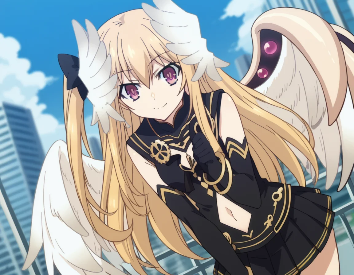 score_9, score_8_up, score_7_up, source_anime,
dalmayuri, <lora:dal-mayuri-movie-ponyxl-lora-nochekaiser:1>,
mayuri, long hair, blonde hair, hair between eyes, hair bow, one side up, bow, purple eyes,
gloves, dress, navel, wings, elbow gloves, black dress, clothing cutout, head wings, skirt, black skirt, pleated skirt,
outdoors, cityscape, bent over, smile,
solo, dutch angle, looking at viewer, cowboy shot,