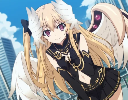 score_9, score_8_up, score_7_up, source_anime,
dalmayuri, <lora:dal-mayuri-movie-ponyxl-lora-nochekaiser:1>,
mayuri, long hair, blonde hair, hair between eyes, hair bow, one side up, bow, purple eyes,
gloves, dress, navel, wings, elbow gloves, black dress, clothing cutout, head wings, skirt, black skirt, pleated skirt,
outdoors, cityscape, bent over, smile,
solo, dutch angle, looking at viewer, cowboy shot,