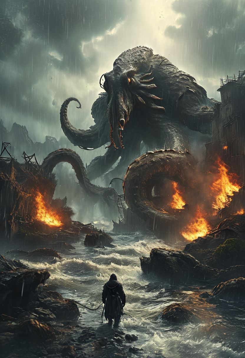 cinematic giant kraken, fire, rain, apocalypse