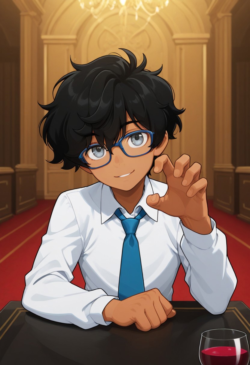 score_9, score_8_up, score_7_up, source_anime, highres, 
masterpiece, best quality, newest, absurdres, highres, safe,anime style,1boy,solo, , 
Curtis Pendragon, 1boy, dark skin, big eyes, fluffy hair, moles, blue glasses, gray eyes, black hair, white shirt, collared shirt, blue necktie, school uniform, , guard pose, vigilant expression,upper body, indoor,lub, dance hall, tables, wine,