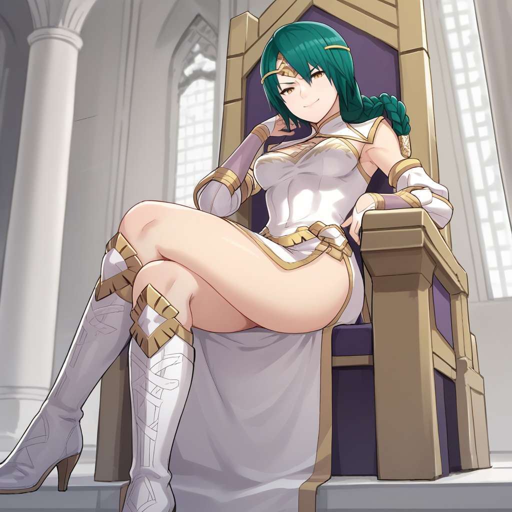 score_9, score_8_up, score_7_up, score_6_up, score_5_up, score_4_up, zPDXL2,source_anime,rating_questionable, 1girl, cowboy shot, castle interior, throne, sitting, legs crossed, low angle, smirk,<lora:Thorr_-_FEH:0.8> Thorr_FEH, green hair, yellow eyes, braided ponytail, hair ornament,white footwear, detached sleeves,high heel boots,knee boots, white dress, side slit,circlet