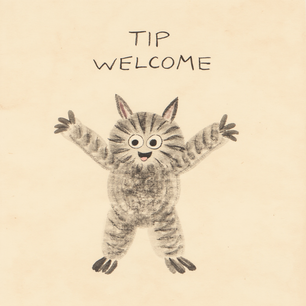 tokugawa style ink painting, cat man spreading arms, smile, "TIP WELCOME" in upper center
