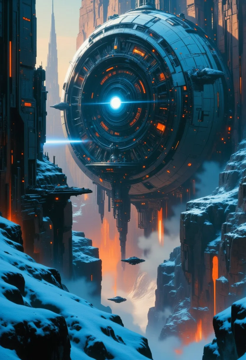 Highest details, ultra hyper realism. Highly detailed and realistic. Intricate and highly professional artwork, an absolute masterpiece. This image is a highly detailed, CGI-rendered depiction of a futuristic, sprawling mountain-mining city embedded within a massive asteroid orbiting a gas giant. The central structure, a colossal circular metropolis, dominates the asteroid's surface. It has a rugged, metallic exterior with reinforced mining platforms, glowing blue industrial vents, and a central dome emitting pulsating energy waves. The city is anchored by massive hydraulic support beams fused into the asteroid's rock, their surfaces coated in frost. A network of smaller, interconnected mining modules branch outward, featuring angular geometries with reinforced observation decks, drone docking bays, and plasma-forged smelting chambers. Wine Red hue and Asphalt Gray tint, dramatic lighting from:
The gas giant's crescent: Casting deep burgundy reflections on the asteroid's icy ridges Industrial floodlights: Cold cyan beams illuminating mining operations Ship engines: Two spacecraft (one docking, one departing) with superheated thrusters glowing orange-white Key details: Asteroid terrain: Fractured ice formations with embedded mineral veins Infrastructure: Gravity-defying conveyor belts transporting ore to orbital stations Atmosphere: Frozen vapor trails from active machinery