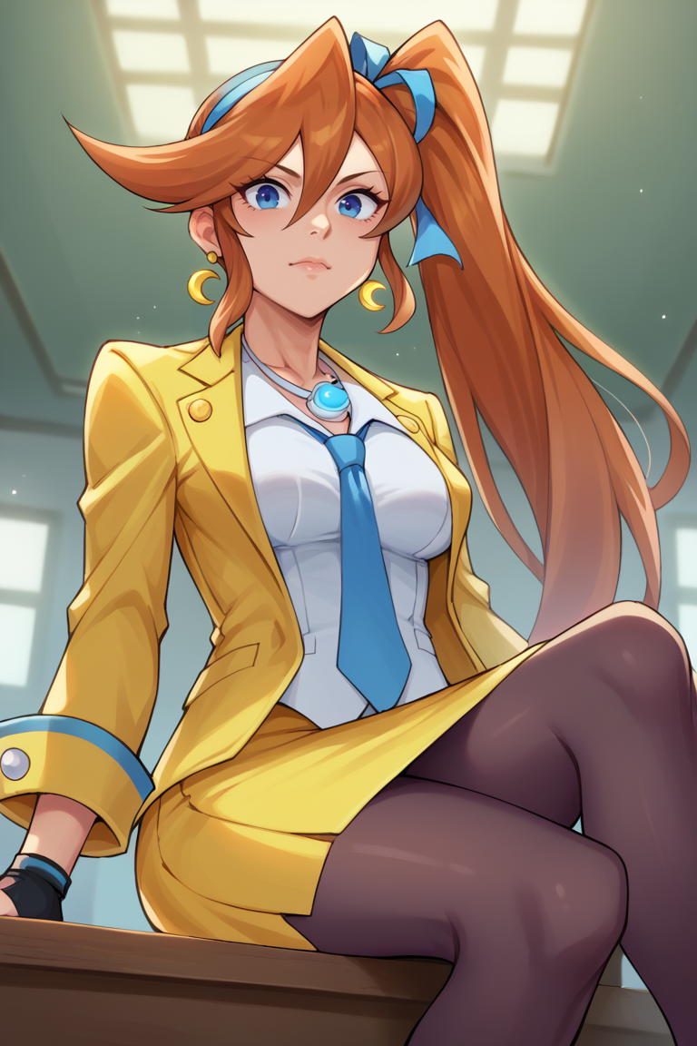 score_9, score_8_up, score_7_up, BREAK,  <lora:bbcchan-guy-PONYv1:1>, 1girl, solo, breasts, <lora:aa_athenacykes_ponyXL:0.95> athena cykes, side ponytail, hair ribbon, yellow jacket, blue necktie, single glove, yellow skirt, pantyhose, jewelry, necklace, crescent earrings, from below, sitting, table, courtroom, looking at viewer, on table,