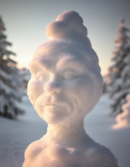 <lora:Aether_Snow_v1_SDXL_LoRA:1.0> close-up photo of the grinch made of snow, cinematic sunrise