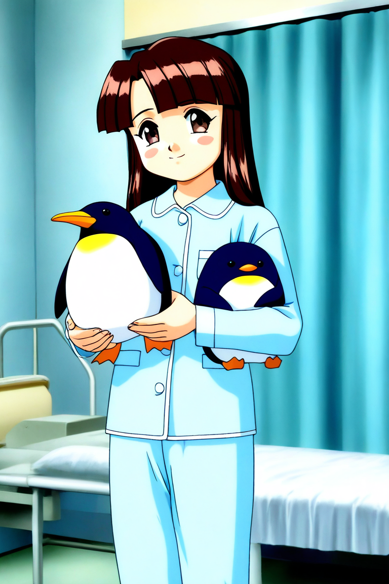 general,highres, ultra-detailed,very aesthetic,best quality ,best hands, BREAK <lora:Sakurai_Miyuri_Suchie-Pai_Ver2.0_IS:1>
Sakurai_Miyuri, 1girl, solo, brown hair, long hair, brown eyes, blunt bangs, flat chest,
smile,
light blue pajamas, stuffed animal, penguin, hold,ãfat bird,
hospital room,