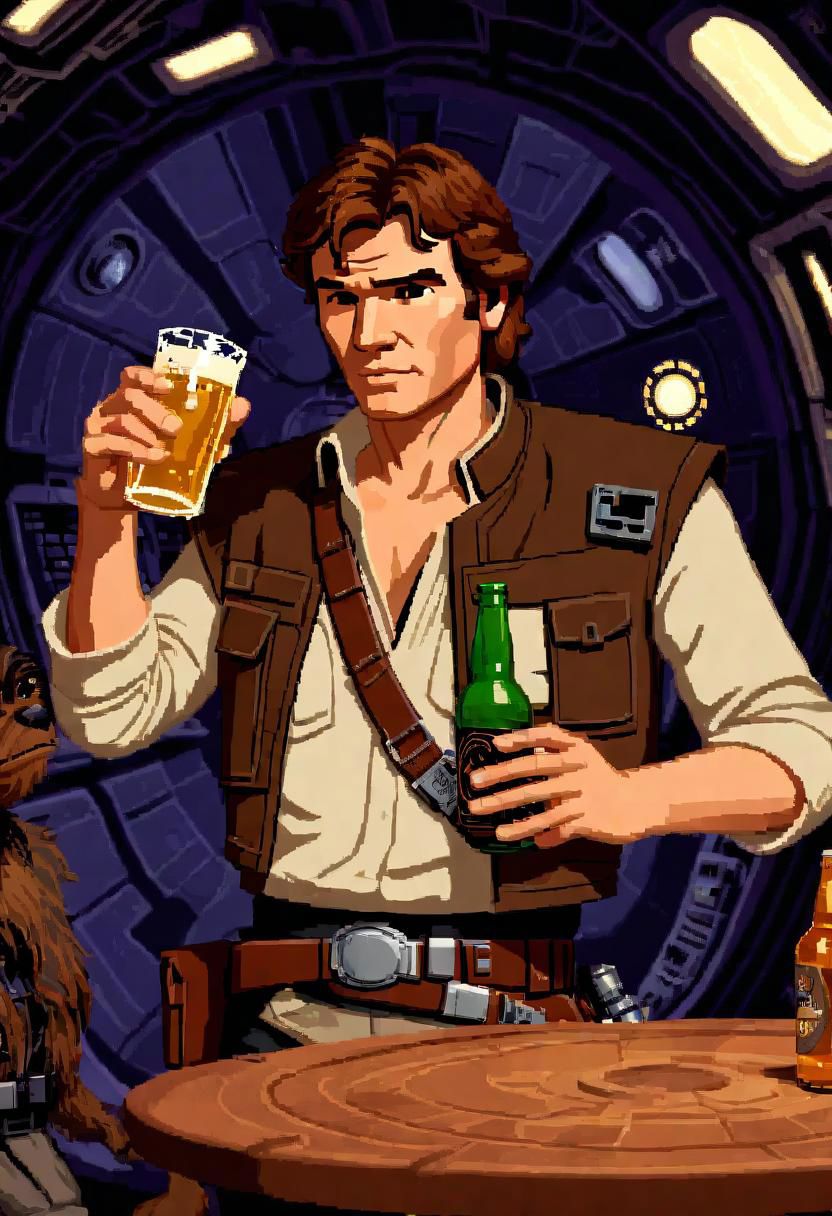 lucasarts style, a drunk Han solo is holding a glowing bottle of beer in a millennium falcon <lora:lucasarts style:1>