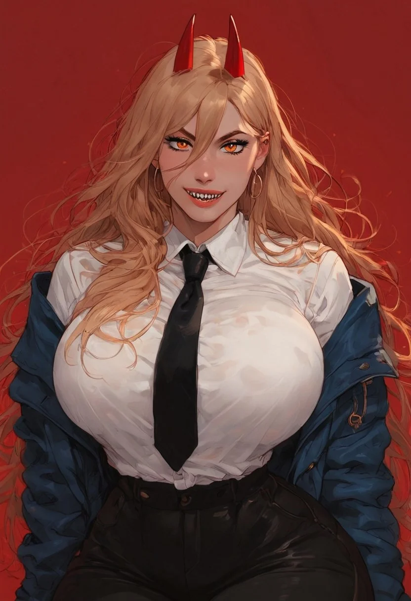 1girl, p0w3r0x1, long hair, blonde hair, red horns,demon pupils, bangs, blue jacket,white collared shirt,black necktie,black pants, muscle thighs, anime artwork, score_9, score_8_up, score_7_up, score_6_up, score_5_up, bimbo, massive ass, <lora:floox2:1>, big ass, gigantic ass, thicc, big breasta, <lora:Expressive_H:1>, red pubes, oiled up body, perfecteyes, <lora:face:0> dominant face,  seductive face, seductive pose, close up, orange eyes, orange eyes, red background, sharp teeth, wide hips, big thighs, tiny waist, huge ass, skinny, slim