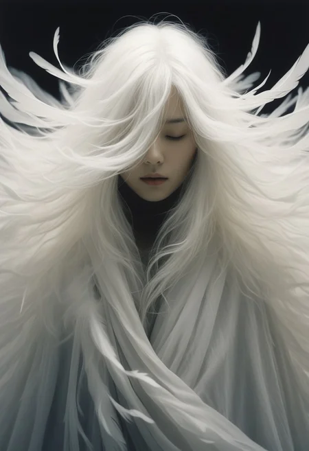 ink art, Shrouded, White glowing hair, closeup Portrait of a woman with no Face and no eyes, billowing hair, and billowing feathered cloak, very detailed analog photo, atmospheric lighting, mysterious, abstract and surreal, by Satoshi Kon,