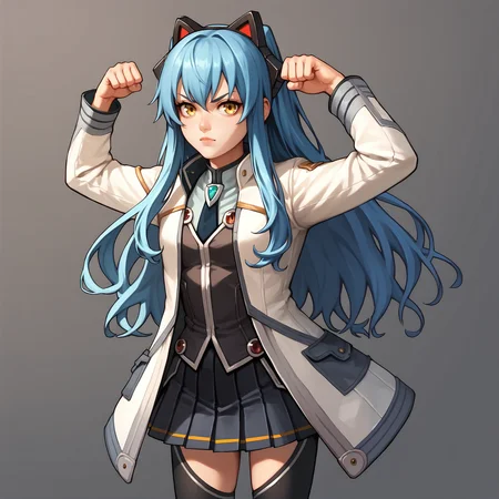 score_9, score_8_up, score_7_up, score_6_up, score_5_up, score_4_up, BREAK, solo, t-pose,
<lora:tio2-000017:0.9>, tioplato, long hair, blue hair, yellow eyes, fake animal ears, tiocs, white jacket, pleated skirt, thighhighs,