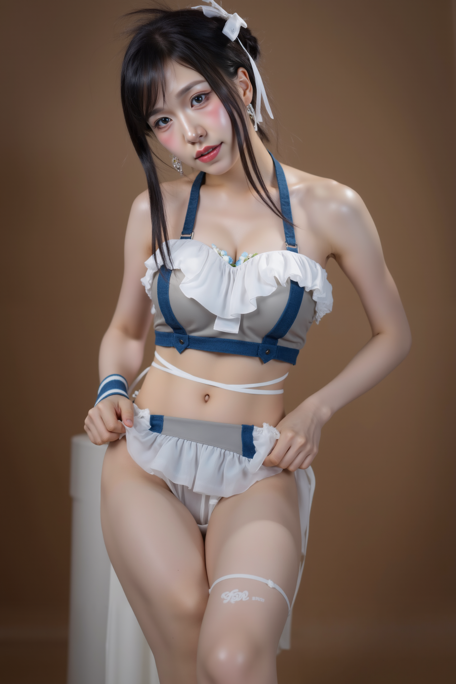 A professional, high-resolution image of a young woman is posed standing in a natural S-curve in the body silhouette. This classic posing technique creates visual interest and a sense of elegance.

She is wearing a blue and white SGWN98Clothing. Her makeup is dramatic, with dark eyeliner and bold, glossy pink lips. 

The lighting features a high-contrast, monochromatic white color scheme that creates a moody, intimate atmosphere. 

The photography technique uses what appears to be soft lighting to create a glamorous effect, with careful attention to highlighting contours while maintaining the dominant light brown color scheme throughout the frame.

The overall aesthetic combines elements of fashion photography, traditional Asian visual motifs, and contemporary boudoir styling. The dramatic light brown lighting creates a cohesive visual theme that ties all elements of the composition together.

The white light emit on her to show her feature.