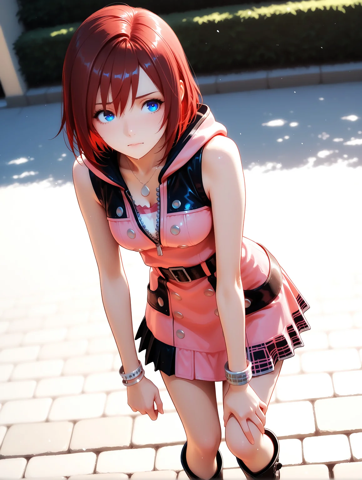 masterpiece, very aesthetic, best quality, amazing quality, solo, imtdkairi3il, 1girl, 20 years old, red hair, brown hair, short hair, blue eyes, dress, sleevesless, pink dress, hood, belt, sleeveless dress, necklace, zipper, hood down, bracelet, zipper pull tab, buttons, bangs, pleated dress, belt buckle, boots, short dress, medium brest, beautiful background