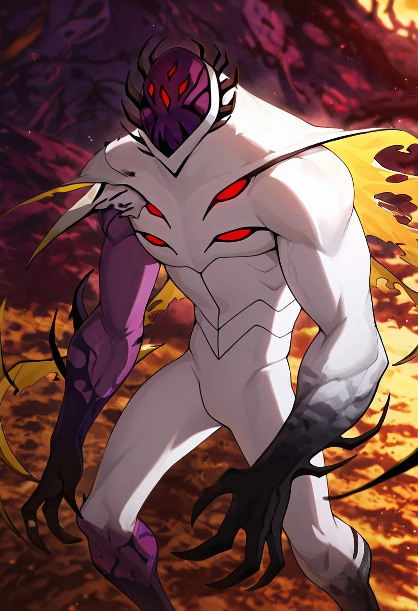 masterpiece, best quality, amazing quality, very aesthetic, absurdres, newest,, detailed background,
highbreed, extra eyes, solo, alien, white skin, purple face, , monster, red eyes, black hands, , claws, black head spikes,
massive arms, uneven muscle growth, mutating, ripped flesh , purple arm, yellow wings,