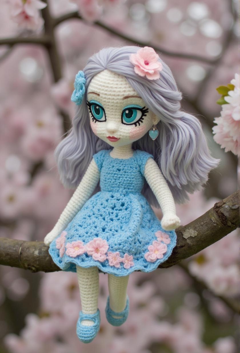 <lora:ck-LttleGhost-000011.safetensors:1> in the style of ck-lttlegh0stThe crochet doll sits elegantly on a cherry blossom branch, dressed in an exquisite blue and pink floral crocheted dress with textured patterns. Its pale aqua eyes are framed by matching floral detailing around its hair, which is also adorned with the same flowers. This handmade piece captures the essence of springtime, perfect for collectors or as a decorative piece.