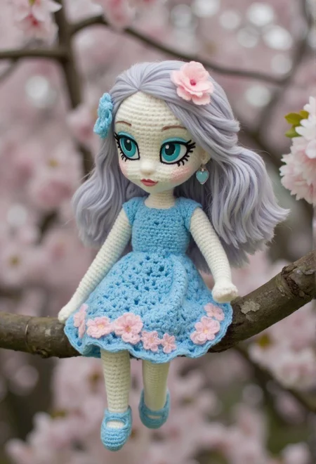 <lora:ck-LttleGhost-000011.safetensors:1> in the style of ck-lttlegh0stThe crochet doll sits elegantly on a cherry blossom branch, dressed in an exquisite blue and pink floral crocheted dress with textured patterns. Its pale aqua eyes are framed by matching floral detailing around its hair, which is also adorned with the same flowers. This handmade piece captures the essence of springtime, perfect for collectors or as a decorative piece.