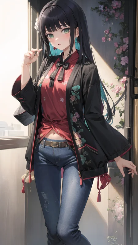 1girl, Renge, ((full body)), solo, (((aqua jacket, duffel coat, cutoff jeans))), ((patterned legwear)), blush, green eyes, black bandeau, scrunchie, frilled,
<lora:Renge v1.0_0.7+Renge_0.5:0.6>