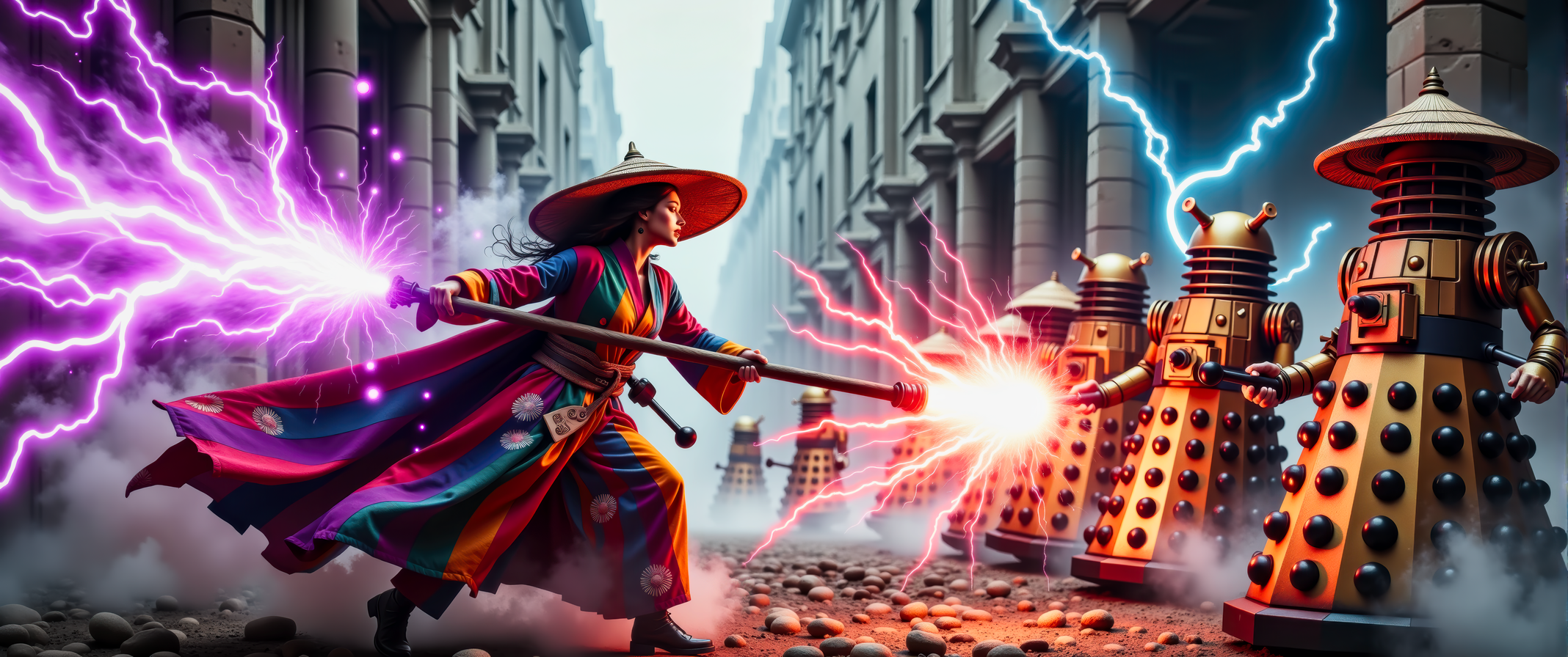 A dynamic cinematic action frame showing a female techno-mage, wearing multi-colored robes and a (bamboo Coolie hat:1.2), engaging in an intense battle against several evil (Daleks:1.3) from planet Saros.  The techno-mage is using her long ornate staff to fire pulsating balls of purple magical energy at the Daleks. The Daleks are firing red pulse energy beams at the techno-mage. Bolts of blue electrical discharges fill the air.  It is evening, and the battle takes place in a dark misty dystopian cityscape, outside a megalithic industrial complex.  This is a full frame body shot, providing a environmental wide angle view of the entire body.  Movie poster, bold colors, action sequence, complex patterns.  Intricate details, masterpiece, best quality.  Dramatic and dynamic high contrast lighting, dim dark atmosphere. <flux_realism_lora:0.64> <FluxDFaeTasticDetails:0.82> <BaroqueColorful:0.72>