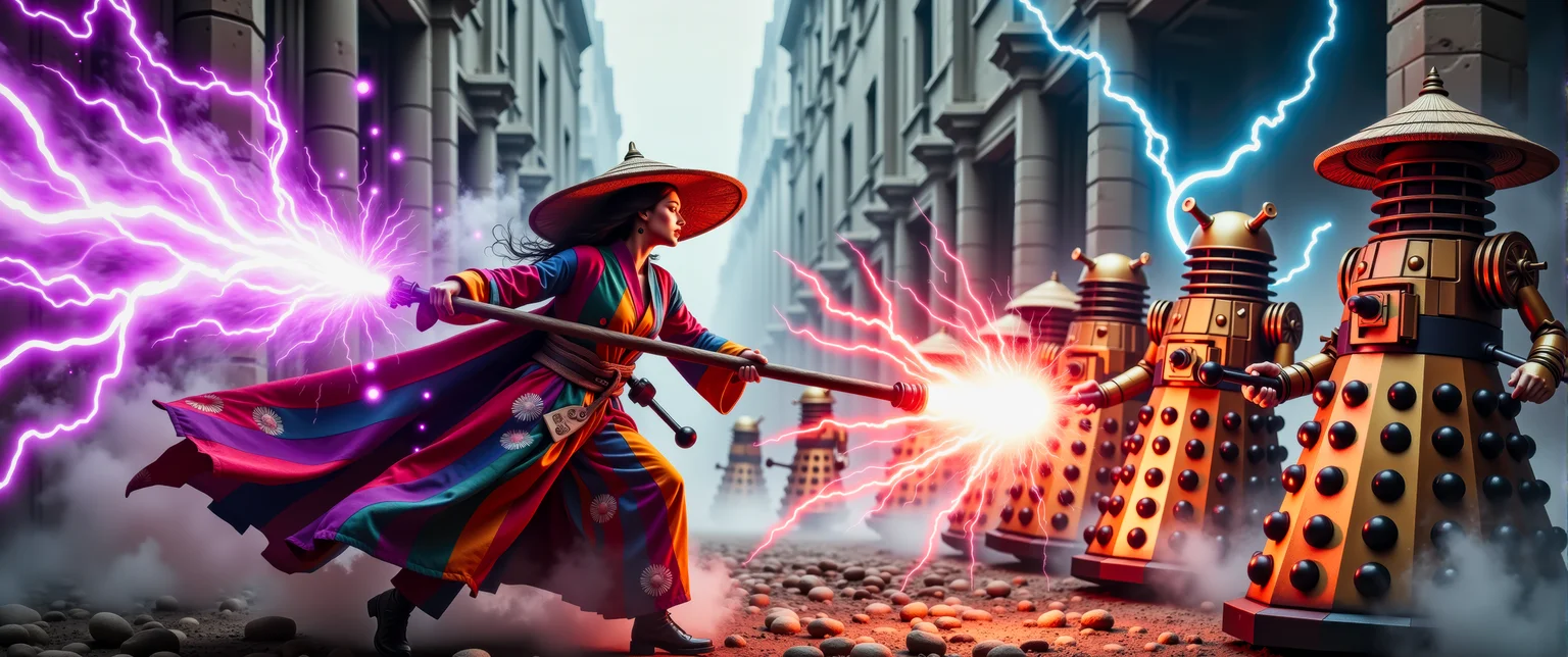 A dynamic cinematic action frame showing a female techno-mage, wearing multi-colored robes and a (bamboo Coolie hat:1.2), engaging in an intense battle against several evil (Daleks:1.3) from planet Saros.  The techno-mage is using her long ornate staff to fire pulsating balls of purple magical energy at the Daleks. The Daleks are firing red pulse energy beams at the techno-mage. Bolts of blue electrical discharges fill the air.  It is evening, and the battle takes place in a dark misty dystopian cityscape, outside a megalithic industrial complex.  This is a full frame body shot, providing a environmental wide angle view of the entire body.  Movie poster, bold colors, action sequence, complex patterns.  Intricate details, masterpiece, best quality.  Dramatic and dynamic high contrast lighting, dim dark atmosphere. <flux_realism_lora:0.64> <FluxDFaeTasticDetails:0.82> <BaroqueColorful:0.72>
