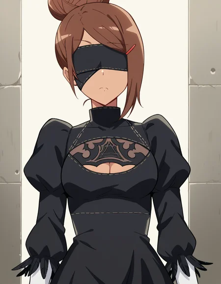 score_9, score_8_up, score_7_up, source_anime, <lora:ayaka-uehara-s1-ponyxl-lora-nochekaiser:1>, ayaka uehara, brown hair, hair ornament, brown eyes, hairclip, dark skin, hair bun, dark-skinned female, single hair bun, medium breasts,, <lora:2b-cosplay-ponyxl-lora-nochekaiser:1>, 2bcosplay, 2b (nier:automata) (cosplay), gloves, long sleeves, dress, puffy sleeves, black dress, clothing cutout, cleavage cutout, juliet sleeves, feather-trimmed sleeves, blindfold, black blindfold, covered eyes,, wasteland, , cowboy shot, dutch angle,