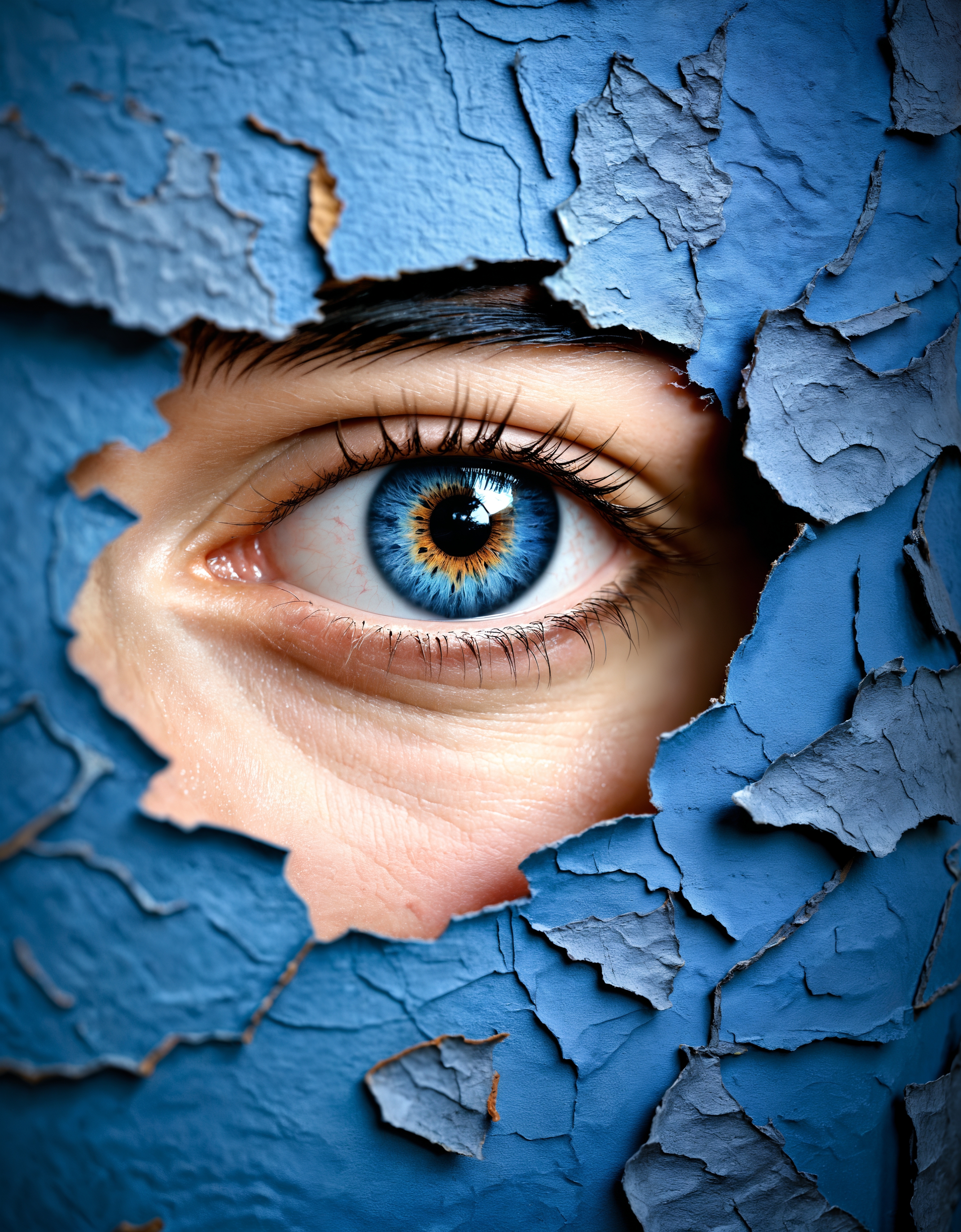 zavy-hlbckdrp, macro shot of an eye looking through a hole in blue foreground wallpaper, green eyes, blue wallpaper, 100mm f/2.8 macro lens, closed mouth, smile,