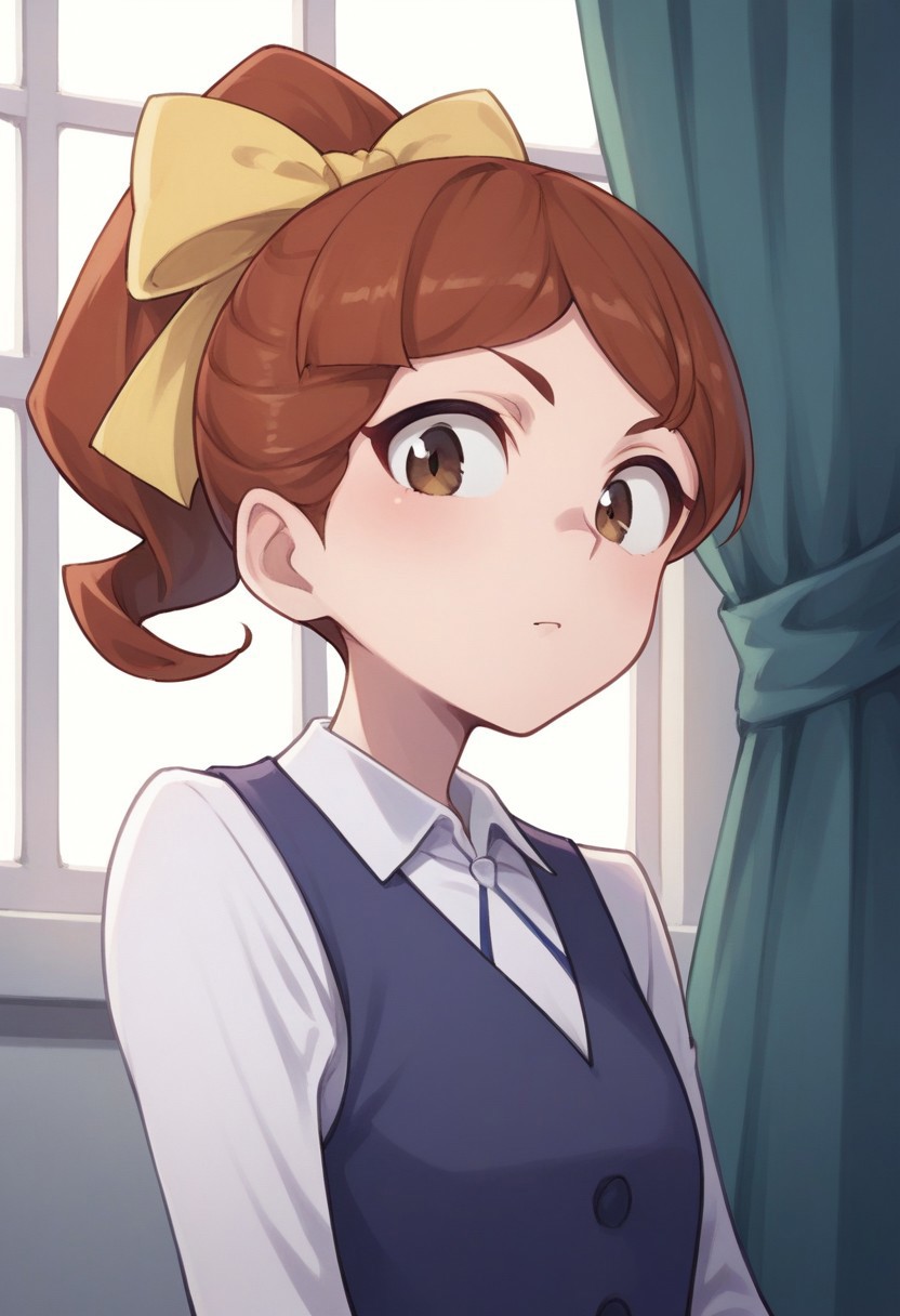 score_9, score_8_up, score_7_up, source_anime, highly detailed, multiple boys,
hannah, 1girl, solo, luna nova school uniform, school uniform, ponytail, looking at viewer, upper body, brown hair, brown eyes, white shirt, hair bow, shirt, ribbon, bow, long sleeves, vest, blue vest, yellow bow, yellow ribbon,
indoor, window, curtains