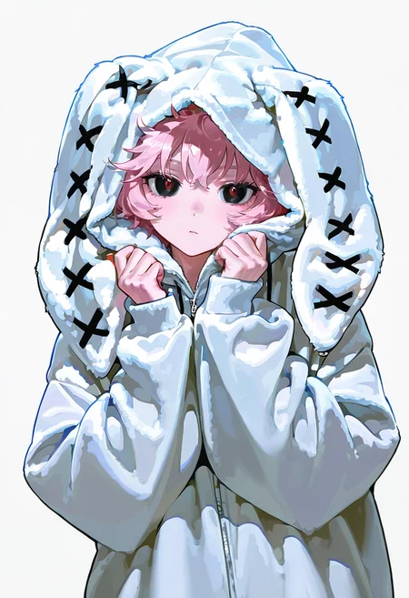 1girl,solo,looking at viewer,ikeda ruriko,harajuku rabbit ear jacket, hoodie, hood up, rabbit ears, ashido_mina