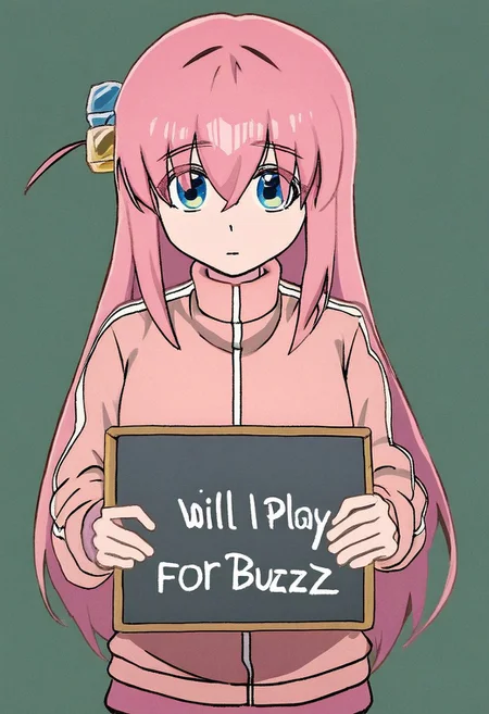 Gotoh_Hitori, hair ornament, cube hair ornament, blue eyes, pink long hair, pink track jacket, bangs, hair between eyes, 1woman, fidgeting, facing viewer, outside, (((holding a big colored sign that says "WILL PLAY FOR BUZZ", text: "WILL PLAY FOR BUZZ")))