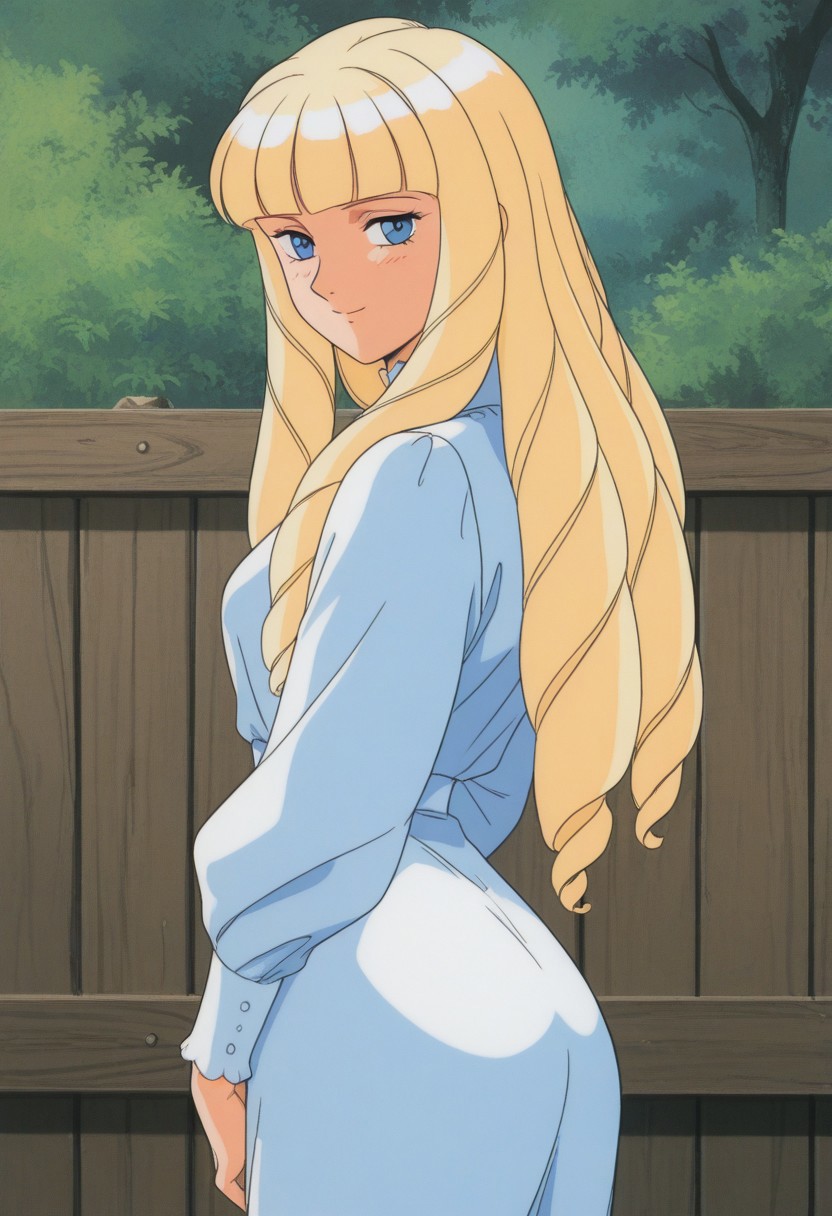 1girl, Kihel, blue_eyes, blonde_hair, long_hair, long_dress, puffy_sleeves,looking at viewer,(detailed face and eyes,shy,smile),(upper body,ass)from side,close to viewer,outdoor,wood,score_9, score_8_up, score_7_up, source_anime,masterpiece, best quality, retro_artstyle, official art,perfect_anatomy,