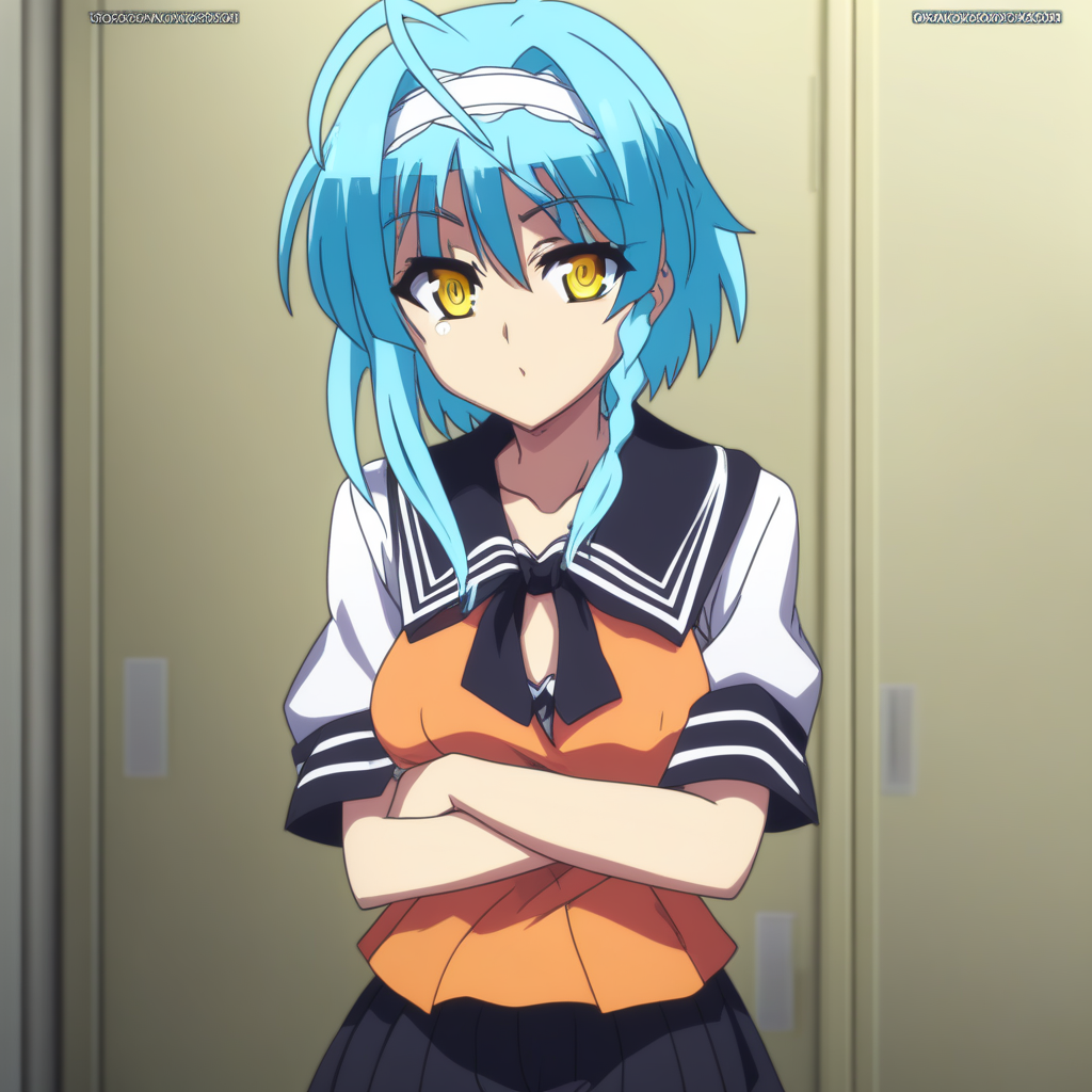 score_9, score_8_up, score_7_up, source_anime, NonakaYuki, 1girl, solo, closed mouth, aqua hair, yellow eyes, medium hair, hairband, side braid, ahoge, YukiSchool, black sailor collar, white shirt, orange neckerchief, black skirt, standing, looking at the viewer, (thigh gap:1.2), cowboy shot, indoors, classroom