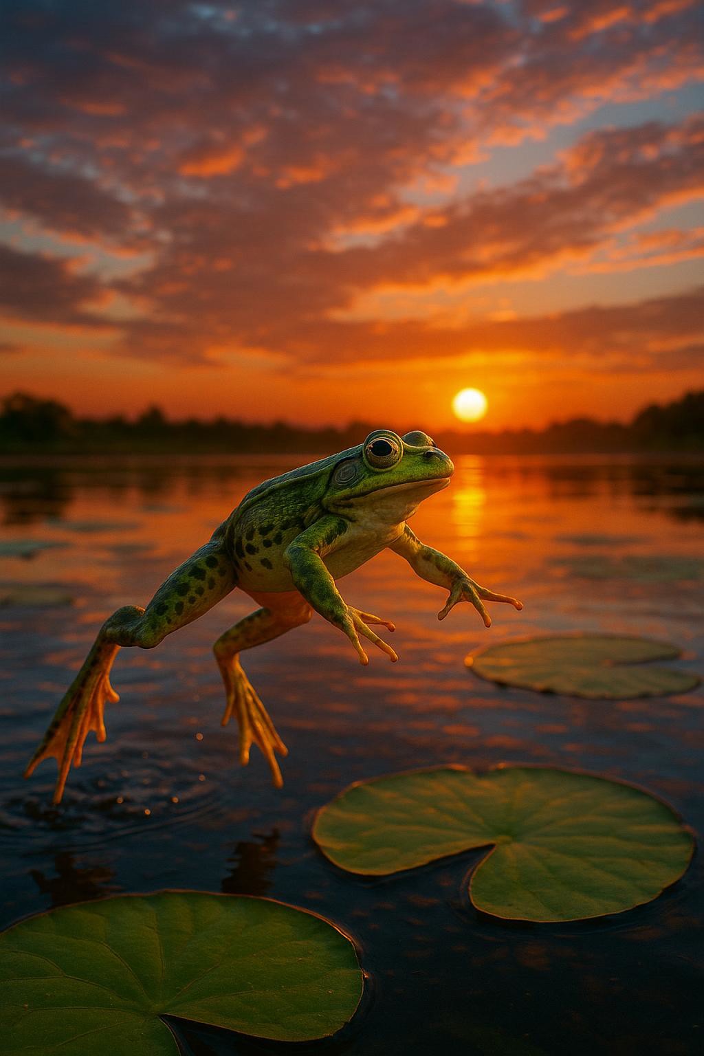 a frog jumping from a lily pad to another lily pad on a sunny evening where the sun is low in the sky with dusk and vibrant colors, hdr  photograph, professional photography, best lighting and contrast, high fidelity detail and realistic texturing, colorful and accurate real frog.