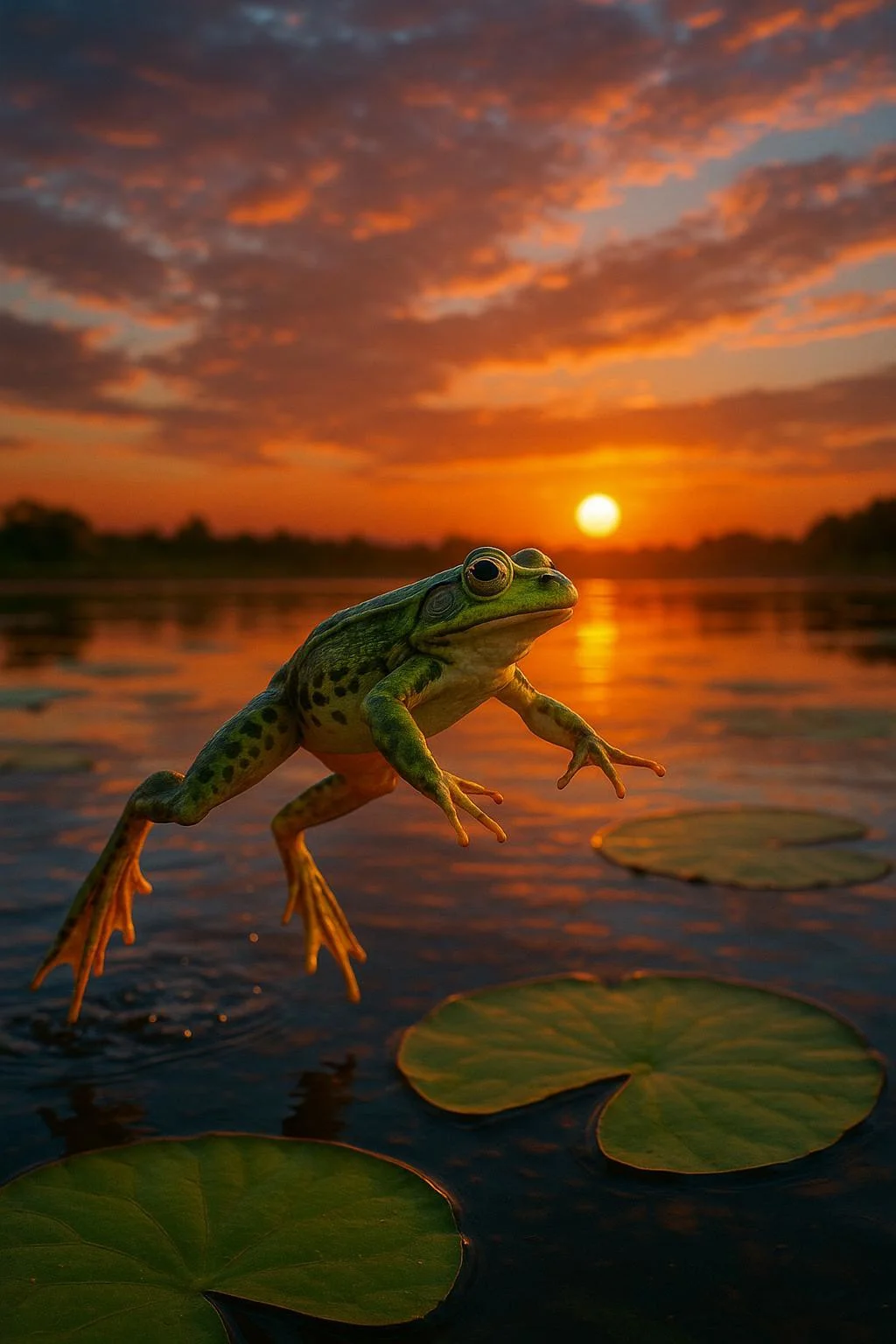a frog jumping from a lily pad to another lily pad on a sunny evening where the sun is low in the sky with dusk and vibrant colors, hdr photograph, professional photography, best lighting and contrast, high fidelity detail and realistic texturing, colorful and accurate real frog.