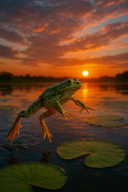 a frog jumping from a lily pad to another lily pad on a sunny evening where the sun is low in the sky with dusk and vibrant colors, hdr  photograph, professional photography, best lighting and contrast, high fidelity detail and realistic texturing, colorful and accurate real frog.