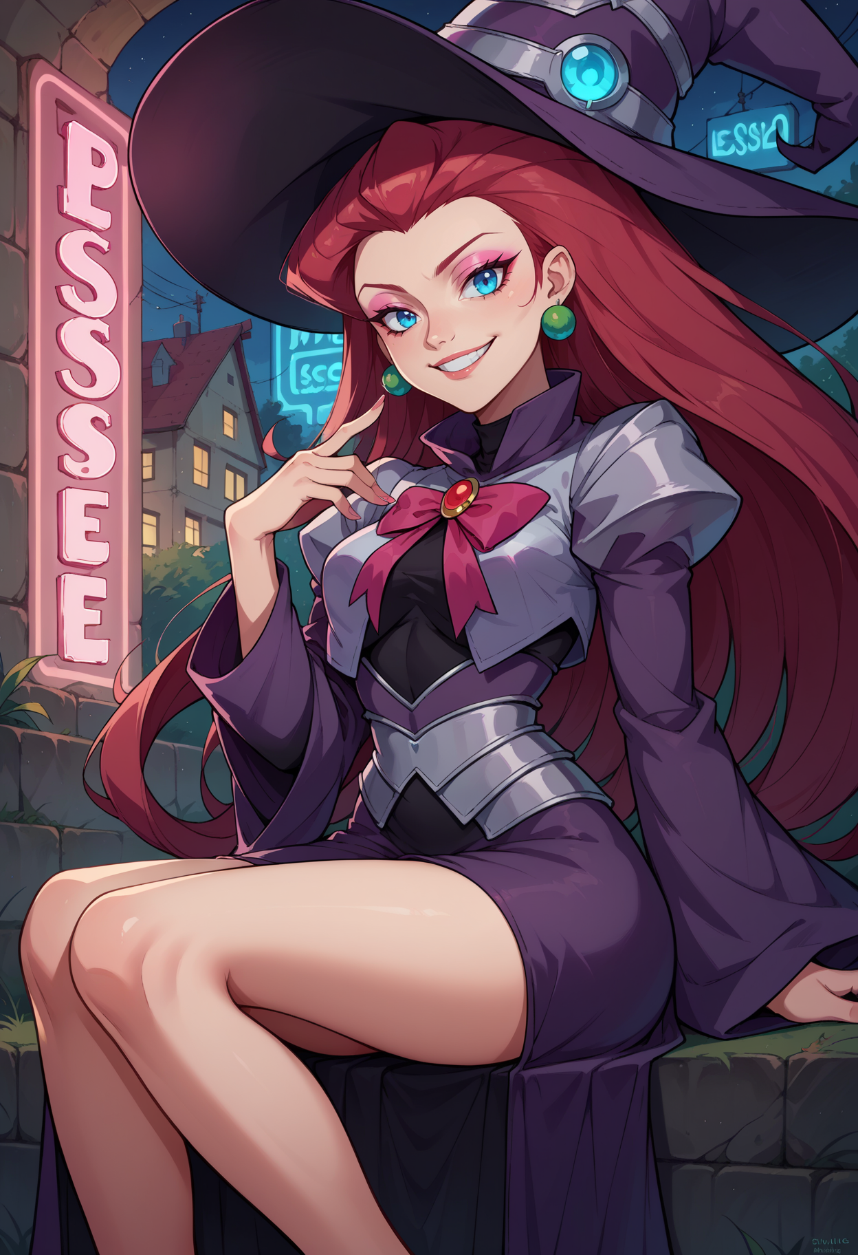 score_9,score_8_up,score_7_up,score_6_up, source_anime, 1girl, solo, <lora:EPpkJessiePony-05:1.0>, EPpkJessie, long hair, blue eyes, red hair, hair slicked back,  glowing neon lights, sitting, armoured, witch hat, witch robe, eyeshadow, looking at viewer, smiling, pink glow, pink magical energy,