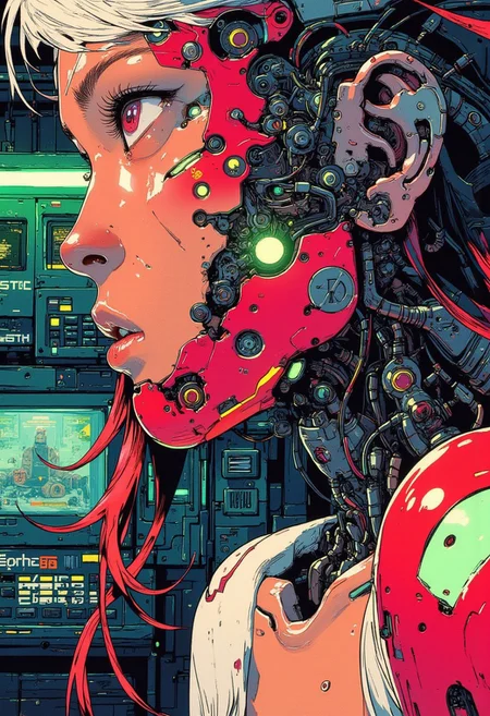 <lora:ck-Goro-Fujita:1>, digital artwork in the style of ckgf, A mesmerizing close-up portrait of an alien woman, her striking features blending extraterrestrial elegance with subtle mechanical elements. Her skin has a smooth, otherworldly texture, adorned with small, organic patterns. Her long, wavy hair cascades around her face, but in the Virtualboy-style palette of red, white, and black. Mechanical elements are seamlessly integrated into her face and neck—sharp, angular pieces emerge like delicate circuitry. The chiaroscuro-inspired lighting brings deep contrast, with bold shadows enhancing her alien beauty. The background features a cyberpunk workshop, and the limited palette emphasize the alien and mechanical features, while a soft green glow outlines parts of her face and hair, creating a futuristic yet nostalgic visual reminiscent of early handheld gaming
<lora:ck-nc-pastel-cyberpunk:0.3>
<lora:ck-MetalGearSolid:0.25>
<lora:RetroAnimeFluxV1:0.25>