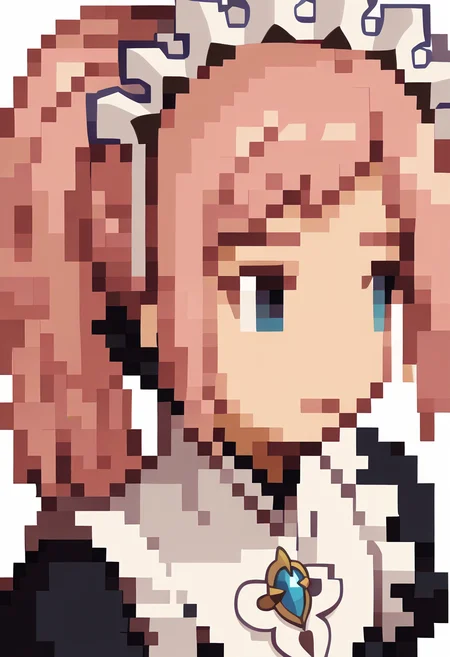 score_9, score_8_up, score_7_up, source_anime, BREAK, solo, 1girl, <lora:FF-Tactics-Portraits-pdxl_Fp:1>, simple background, portrait, pixel art, white background, <lora:felicia-fe-richy-v2_pdxl:1>, flcdf, blue eyes, pink hair, long hair, ponytail, maid headdress, black feathered collar, maid, juliet sleeves, maid apron,