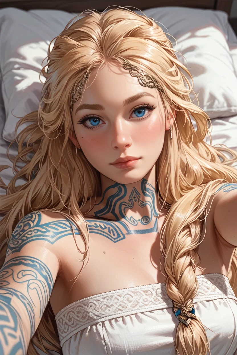 score_9, score_8_up, score_7_up,
<lora:GOWSif:0.8>
GOWSif, 1girl, blonde hair, blue eyes, long hair, tattoo, looking at viewer, lying on bed, selfie, blushing, cowboy shot